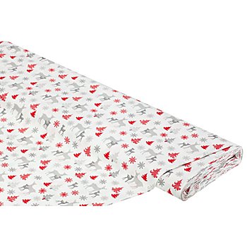 Tissu coton 'forêt hivernale & chevreuil', blanc/rouge/gris