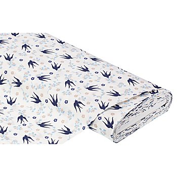 Tissu coton 'oiseaux & fleurs', blanc/bleu