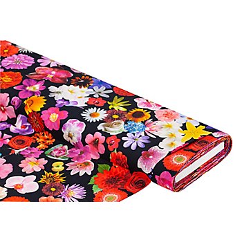 Tissu coton 'fleurs' impression numérique, noir/multicolore