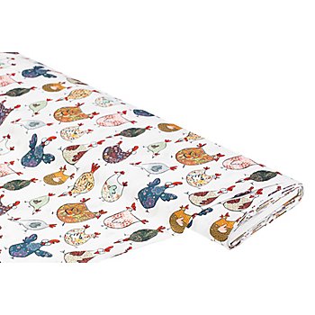 Tissu coton à impression numérique 'poules folles', série Ria, blanc/multicolore