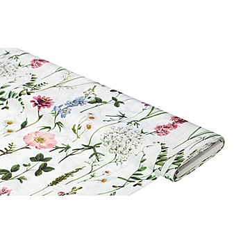 Tissu satin déco 'fleurs des champs', blanc délavé/multicolore