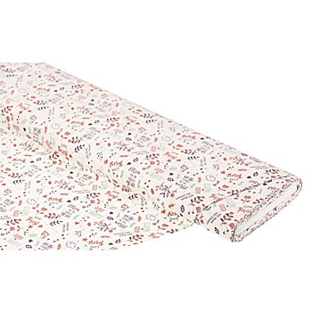 Tissu coton 'fleurs/écritures', blanc cassé/multicolore