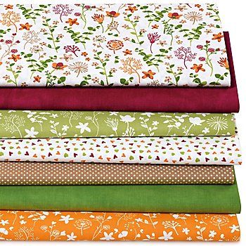 Lot de 7 coupons de tissu patchwork 'fleurs des champs', vert/marsala/orange