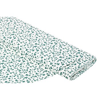 Tissu coton 'ramage de feuilles', blanc/vert jade