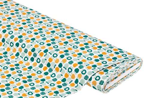 Baumwollstoff Retro-Äpfel "Mona", weiß/mint/petrol