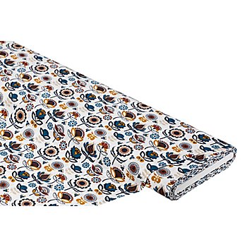  Tissu en coton 'fleurs rétro', blanc/bleu/marron