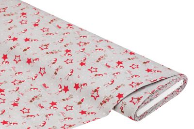 Baumwollstoff Wichtel/Rentier 'Mona', grau/rot