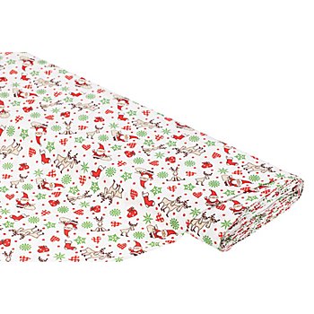 Tissu coton Père Noël et rennes 'Mona', blanc/multicolore