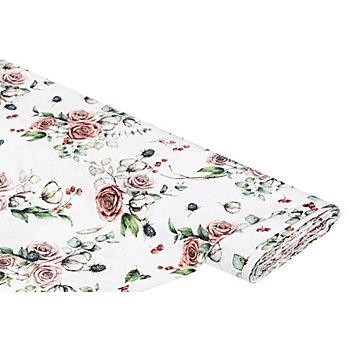 Tissu de décoration satin 'roses & capsules de coton', blanc cassé/multicolore