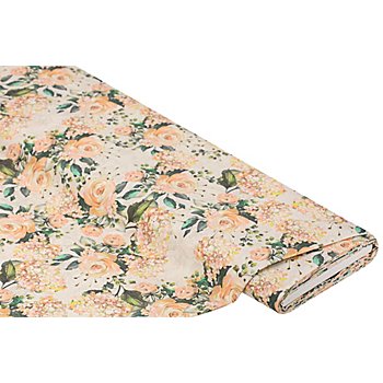 Beschichtetes Baumwollmischgewebe 'Rosen & Hortensien', natur-color