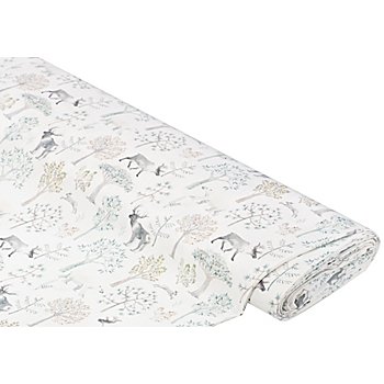 Tissu de décoration 'animaux et forêt vintage', blanc délavé/multicolore, de la série 'Lorena'