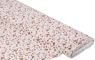 Tissu coton "feuilles et flocons", blanc/rose/bordeaux