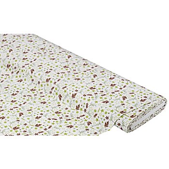 Tissu coton 'feuilles et flocons', blanc/multicolore, de la série 'Mona'
