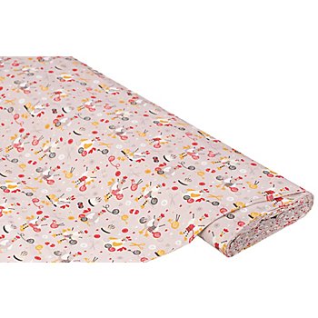 Tissu coton 'poules au tricot', taupe/multicolore, de la série Mona