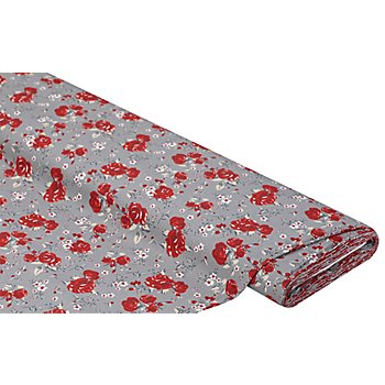 Tissu coton 'roses', rouge/gris, de la série Mona