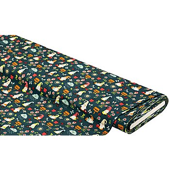 Tissu coton 'nains de jardin', pétrole/multicolore, de la série 'Mona'