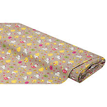 Tissu coton 'lapins & poussins', taupe/multicolore, de la série 'Mona'