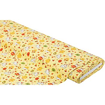 Tissu coton 'lapins & poussins', jaune/multicolore, de la série 'Mona'