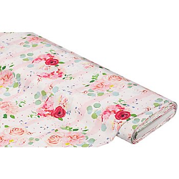 Tissu satin de décoration « roses & rayures », blanc délavé/multicolore