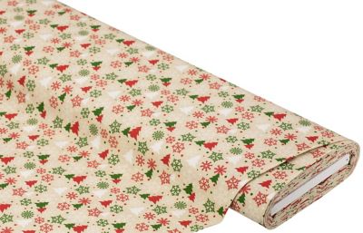 Tissu coton « sapins & flocons de neige », sable/multicolore