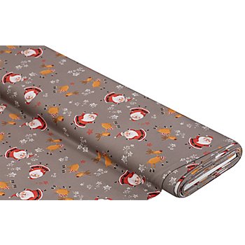 Tissu coton sergé « Père Noël & ses rennes », taupe/multicolore