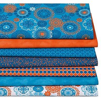 Lot de 7 coupons de tissu patchwork 'Mandala', turquoise/rouille