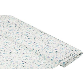 Tissu coton bio 'petites fleurs', blanc délavé/bleu