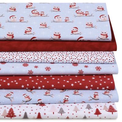 Lot de 7 coupons de tissu patchwork « chouettes d‘hiver », bleu clair/rouge