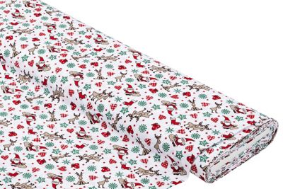 Tissu coton « Père Noël et rennes », blanc/multicolore