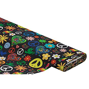 Tissu coton à impression numérique « Love & peace », noir/multicolore, de la série Ria