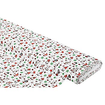 Tissu coton 'lutin porte-bonheur', blanc/rouge/vert