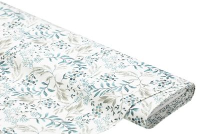 Tissu de coton enduit "feuilles et baies", blanc/gris-vert