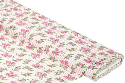Tissu coton 'roses et rayures', de la série 'Mona', blanc/rose