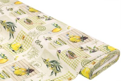 Tissu de décoration 'olives patchwork', série 'Lorena', écru naturel/coloré