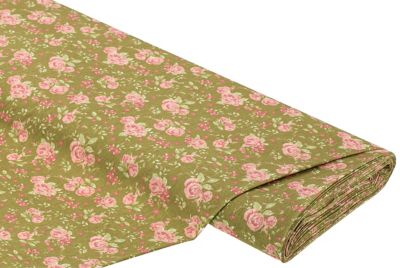 Tissu coton 'bouquet de roses', olive/rose, série 'Mona'