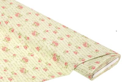 Tissu coton 'roses et écritures', olive/coloré, série 'Mona'