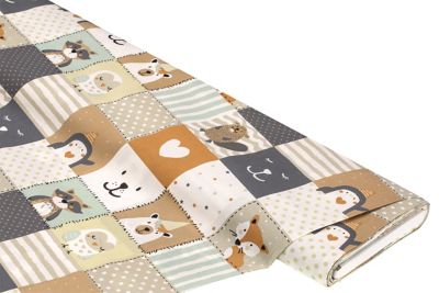 Biokatoenen stof 'Dieren Patchwork', grijs-multicolor