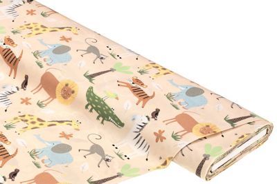 Biokatoenen stof 'Safari dieren', met beige achtergrond