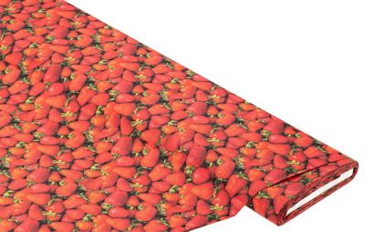 Katoenen stof met digitale print 'Aardbeien', serie Ria, rood-multicolor