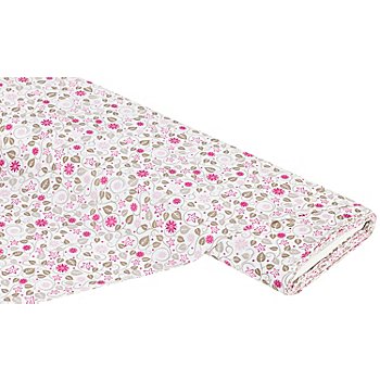 Tissu coton 'ramage de fleurs', taupe/rose vif