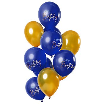 Ballons 'happy birthday', bleu-doré, Ø 30 cm, 12 pièces