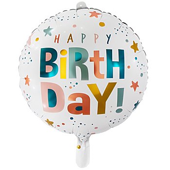 Folienballon 'Happy Birthday', weiss/bunt, 45 cm Ø