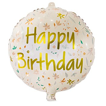 Ballon hélium 'happy birthday' fleurs, pastél/doré, Ø 45 cm