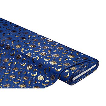 Tissu jersey extensible avec impression métallisée « soleil, lune et étoiles », bleu/or