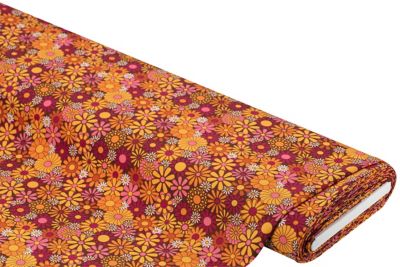Tissu polyester " fleurs ", orange/multicolore