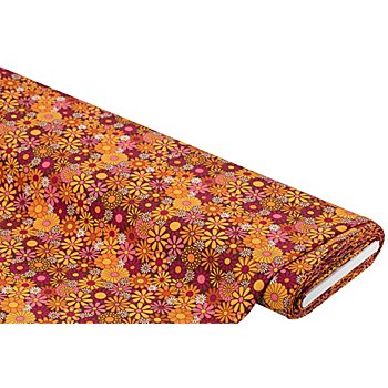 Tissu polyester ' fleurs ', orange/multicolore
