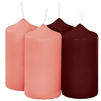 Bougies cylindriques, bordeaux et bois de rose, 10 x 6 cm, 4 pièces