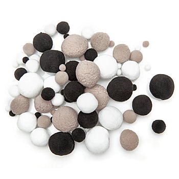 Pompons, blanc/gris/noir, 4–25 mm Ø, 400 pièces