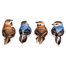 Oiseaux en plumes avec pince, marron/bleu, 4 pièces