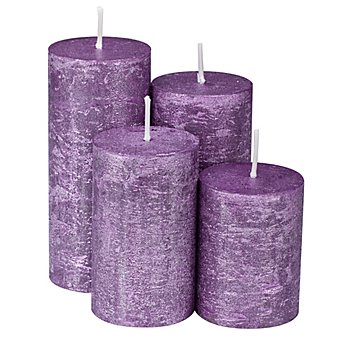 Rustikale Kerzen, lila-metallic, abgestuft, 4 Stück